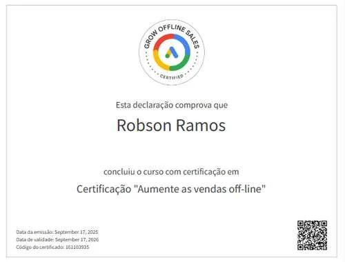 Certificado de Robson Felipe Ramos em Aumente as Vendas Off-line