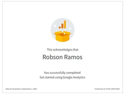 Certificado de Robson Felipe Ramos em Get started using Google Analytics