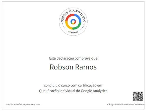 Certificado de Robson Felipe Ramos em Qualificação Individual do Google Analytics