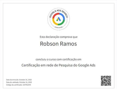 Certificado de Robson Felipe Ramos em Rede de Pesquisa do Google Ads