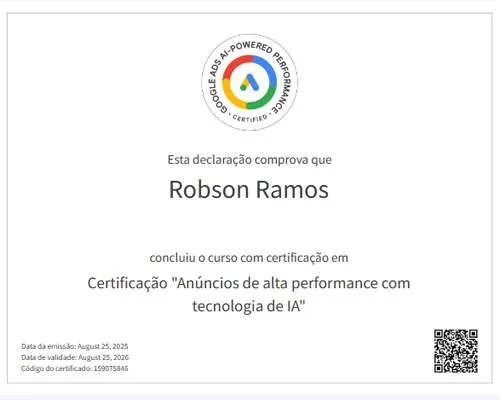 Certificado de Robson Felipe Ramos em Anúncios de Alta Performance com IA